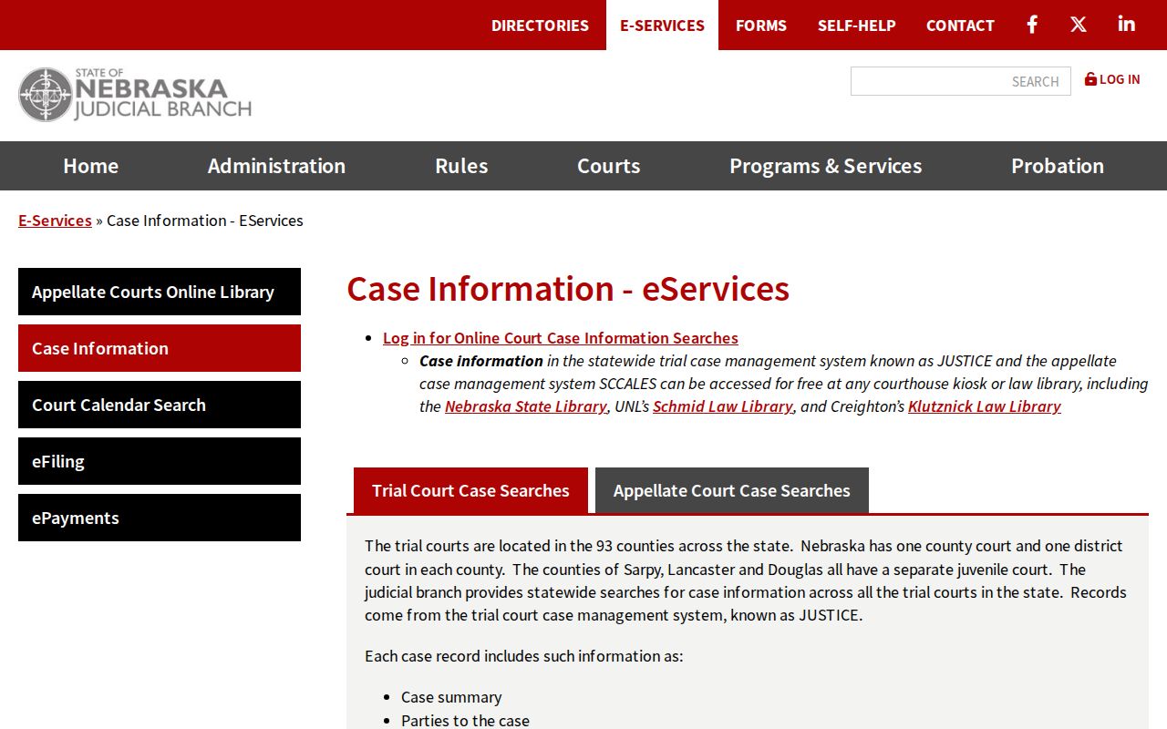 Burt County criminal case JUSTICE search options