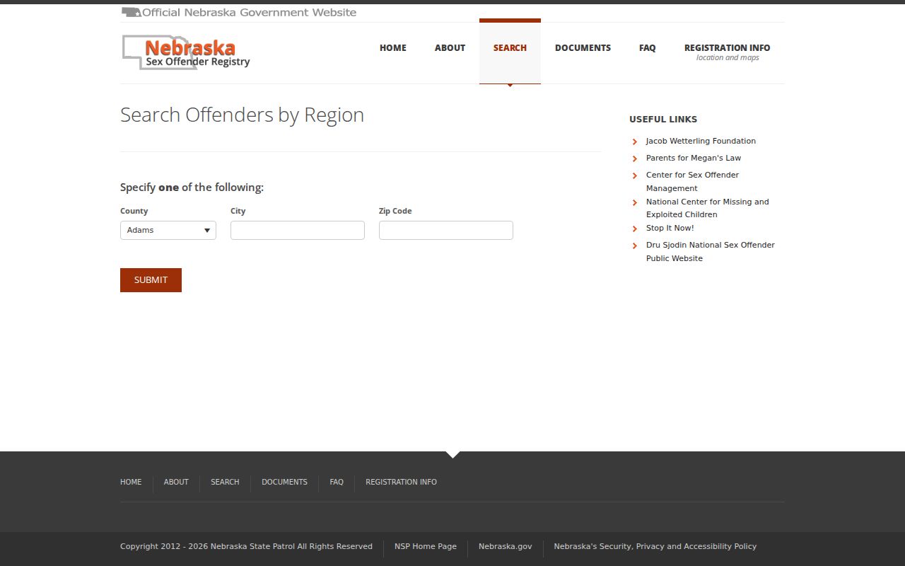 Burt County sex offender region search interface